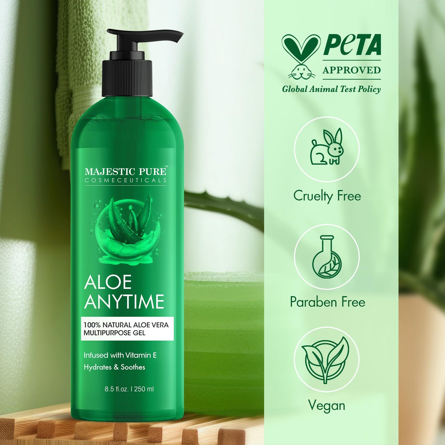 Majestic Pure Aloe Vera Gel for Face and Hair - with vitamin E, Soothes, Moisturizes, & Nourishes Skin & Hair, Soothes Sunburn | 8.5 Fl Oz