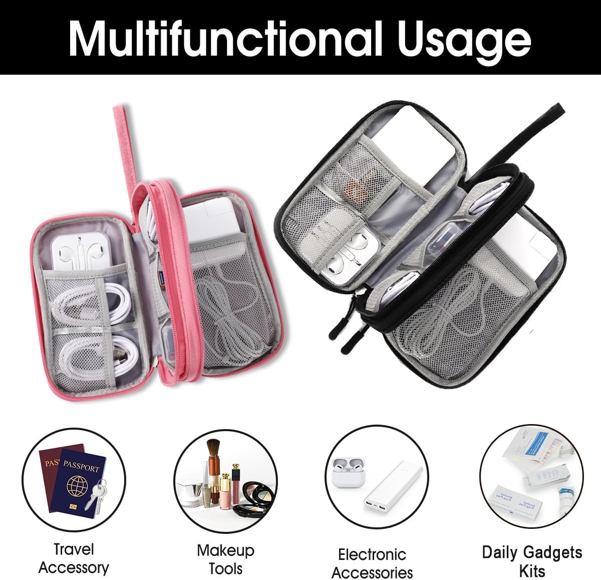 Tildaks Travel Electronic Organizer Pouch Bag, 3 Compartments Portable Electronic Phone Accessories Storage Multifunctional Case for Cable, Cord, Charger, Hard Drive, Earphone(Pink)