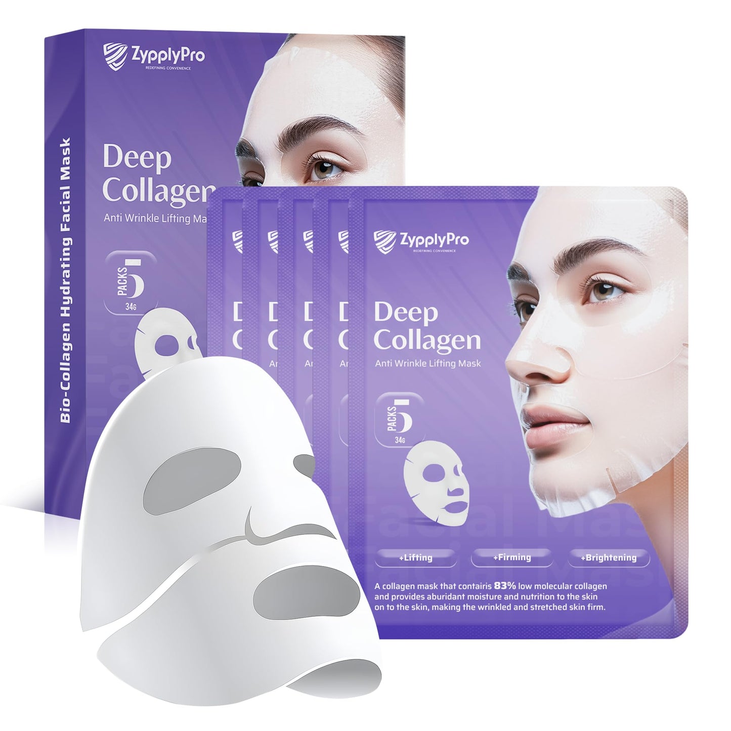 Deep Collagen Anti-Wrinkle Lifting Overnight Facial Mask, Hydrogel Sheet Mask for Glass Glow Skin 34g x 5ea Low Molecular Weight Collagen for Hydration, Pore Tightening, Elasticity & Moisturizing 5Pcs