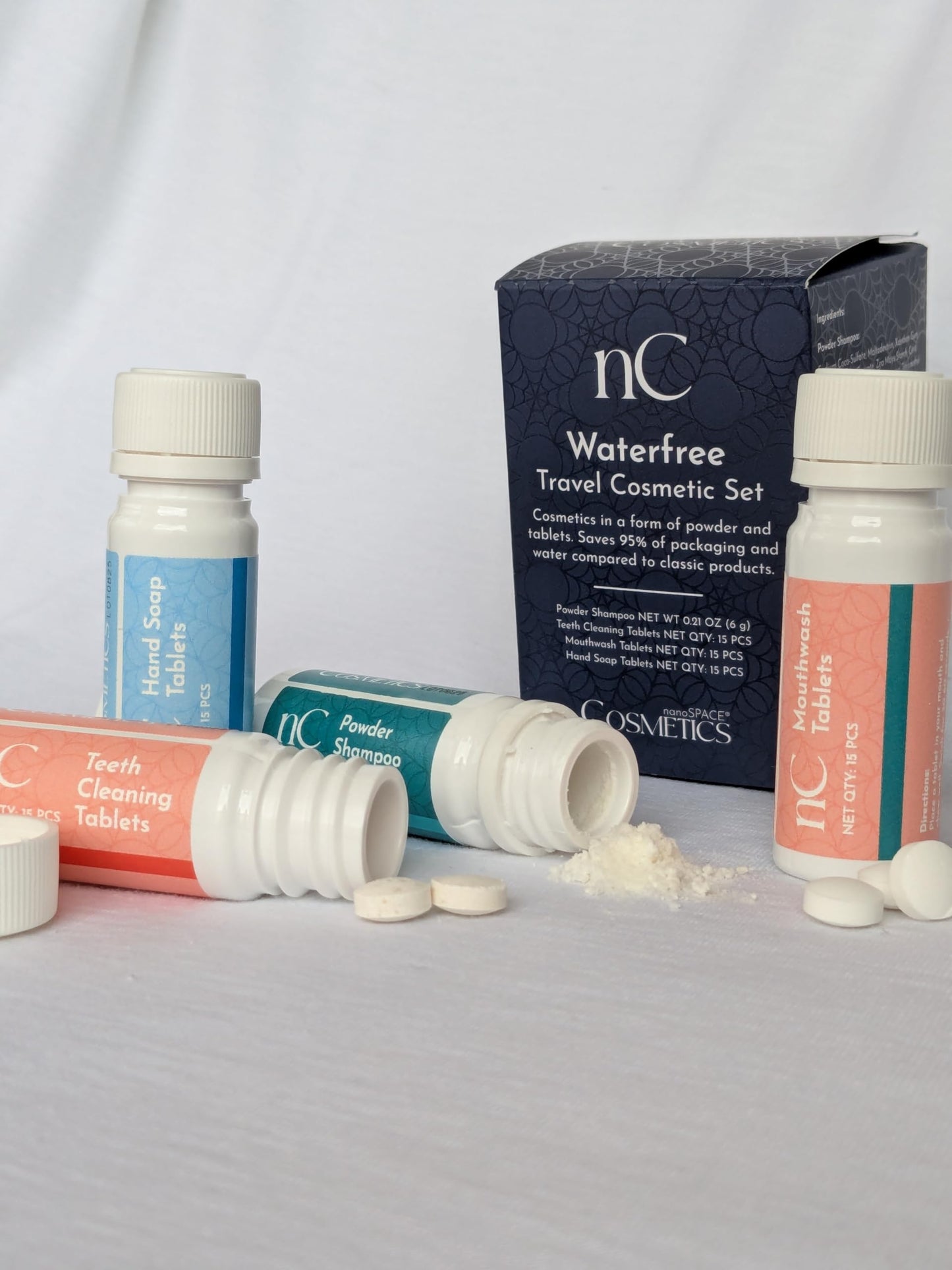 NanoSPACE Waterless Travel Toiletry Set, TSA Compliant, Includes Powder Shampoo, Toothpaste Tablets, Mouthwash Tablets, Soap Tablets