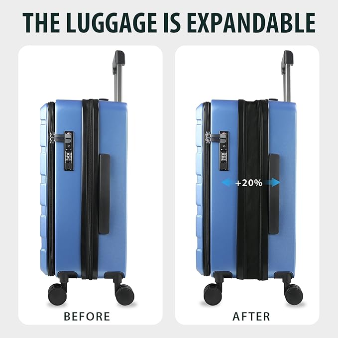 KROSER Carry On Luggage with Spinner Wheels & Built-in TSA Lock, Expandable Top Loading Hard Shell Suitcase Large Capacity Durable Rolling Luggage with USB Port, Carry-On 20-Inch, Light Blue