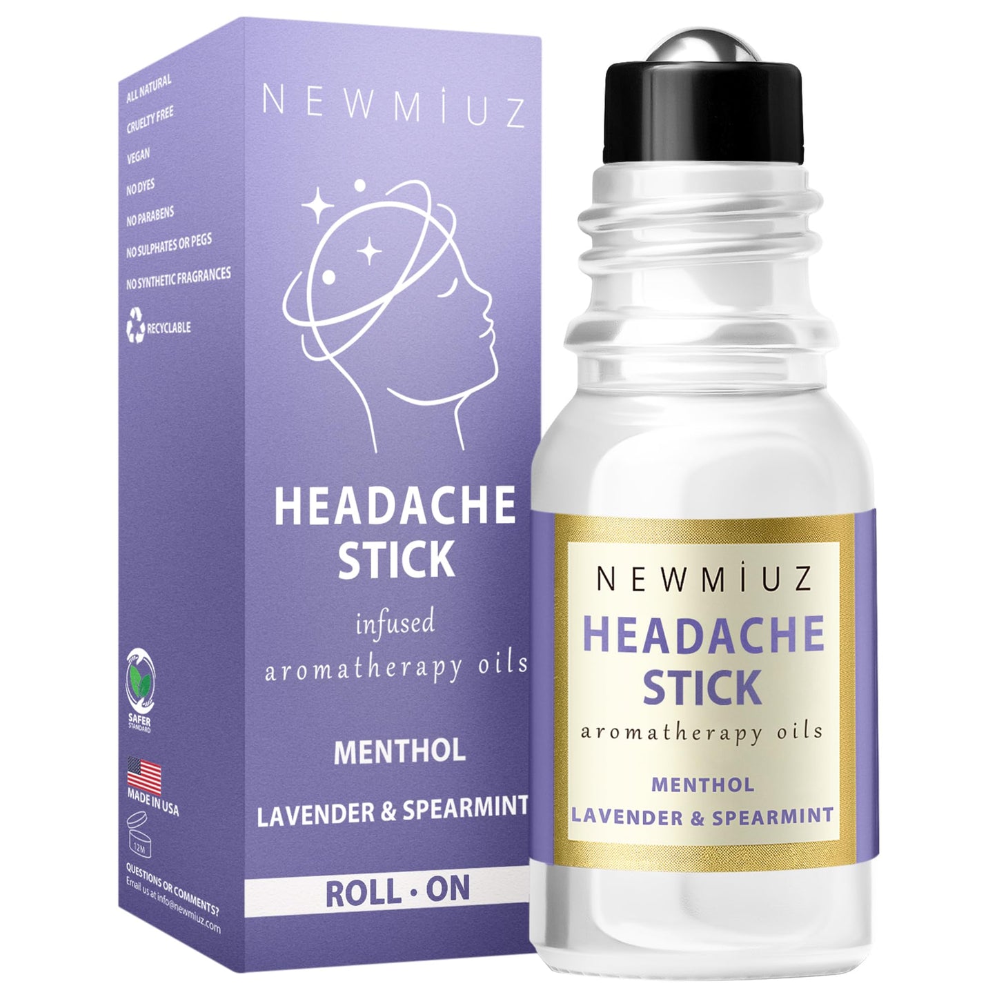 Migraine Roll On Stick - Menthol Fast Cooling Comfort for Your Headache Tension. Aromatherapy Essential Oils Blend Peppermint Lavender Spearmint. Self Care Calming Gift for Women Men. Made in USA