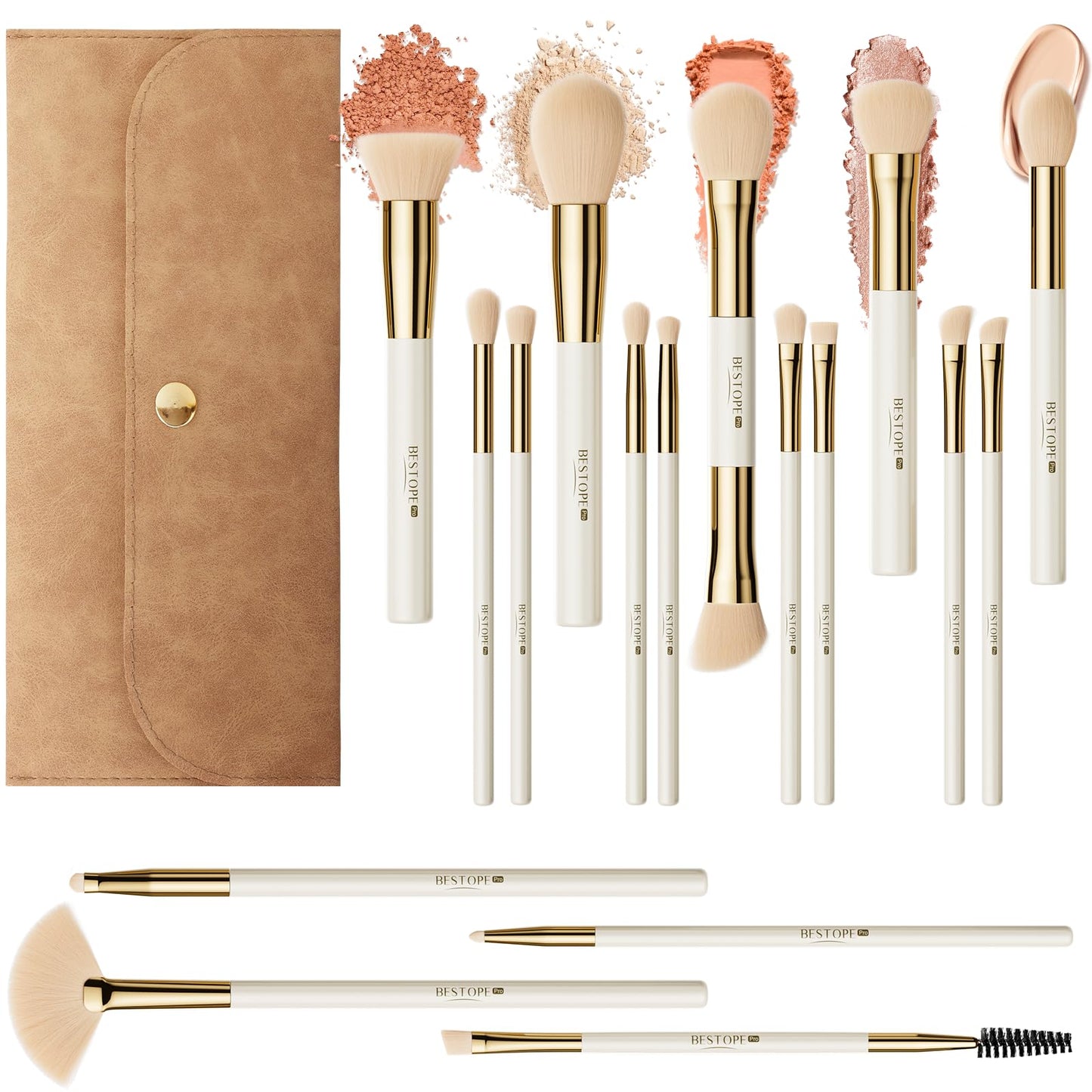 Makeup Brushes Set Professional BESTOPE PRO - 18 Pcs,Double Ended Foundation Concealer Blush Eyeshadow Contour Eyeliner Face Makeup Brush Set,Blending Brush For Makeup With Case Travel,White