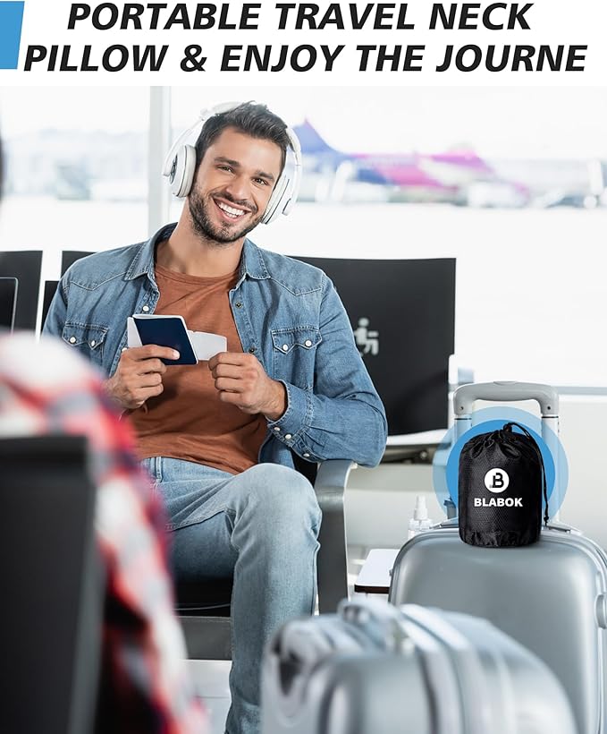 Travel Neck Pillow for Airplane, Travel Pillow Support Head and Neck, Comfortable & Washable Cover, Inflatable Neck Pillow for Traveling,Car,Office,Home (Grey)