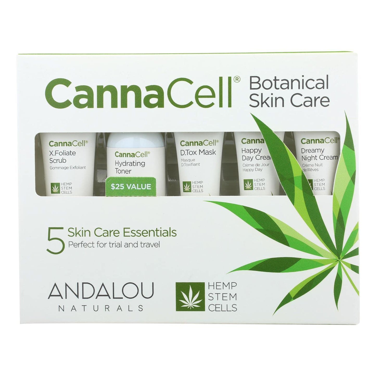 Andalou Naturals CannaCell Botanical Get Started Kit, 5 Piece Set (Scrub, Toner, Mask, Day Cream, Night Cream)
