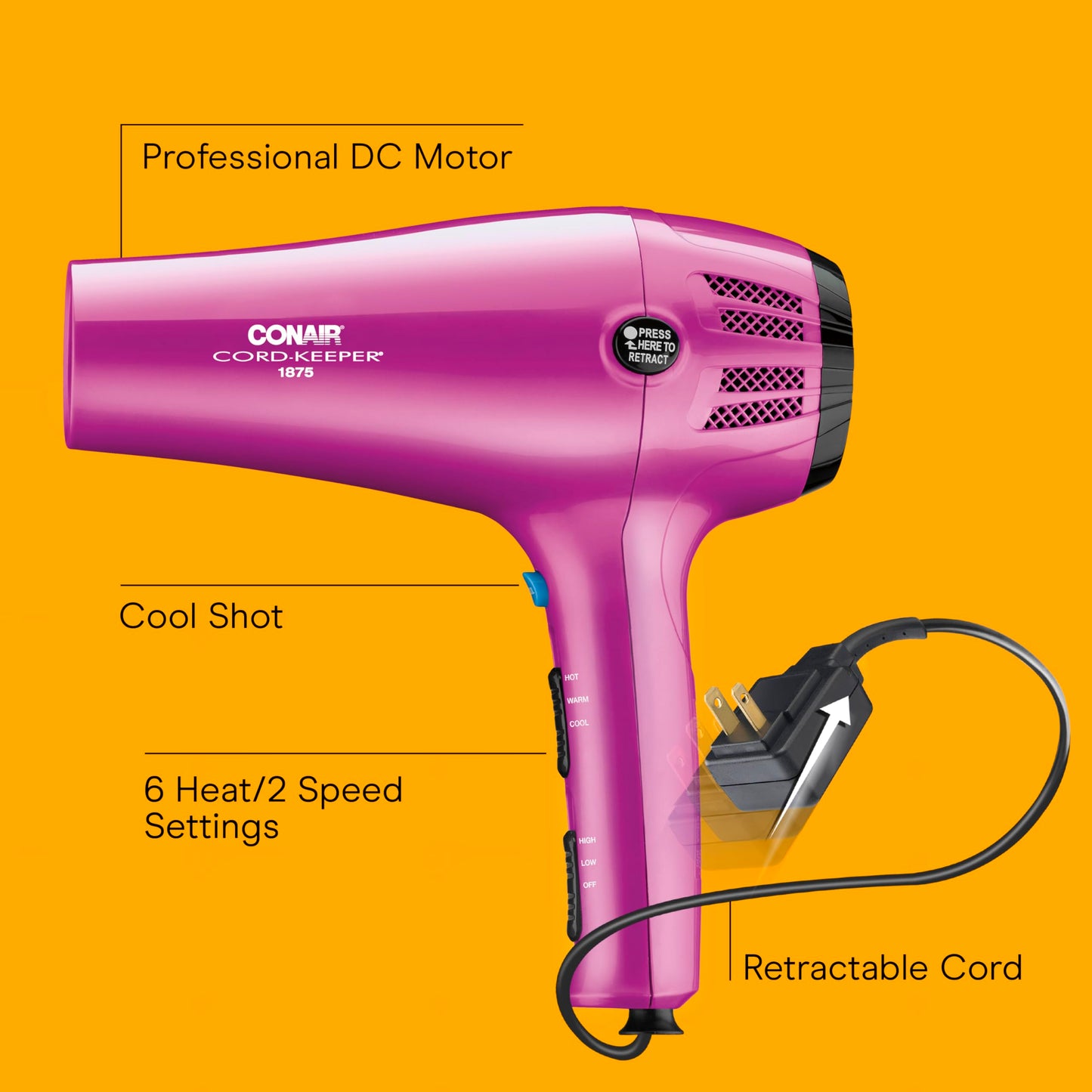 Conair Hair Dryer with Retractable Cord, 1875W Blow Dryer, 3 Heat Settings, 2 Speeds, Blow Dryer with Diffuser and Concentrator Attachments, Ionic + Tourmaline Technology, Pink