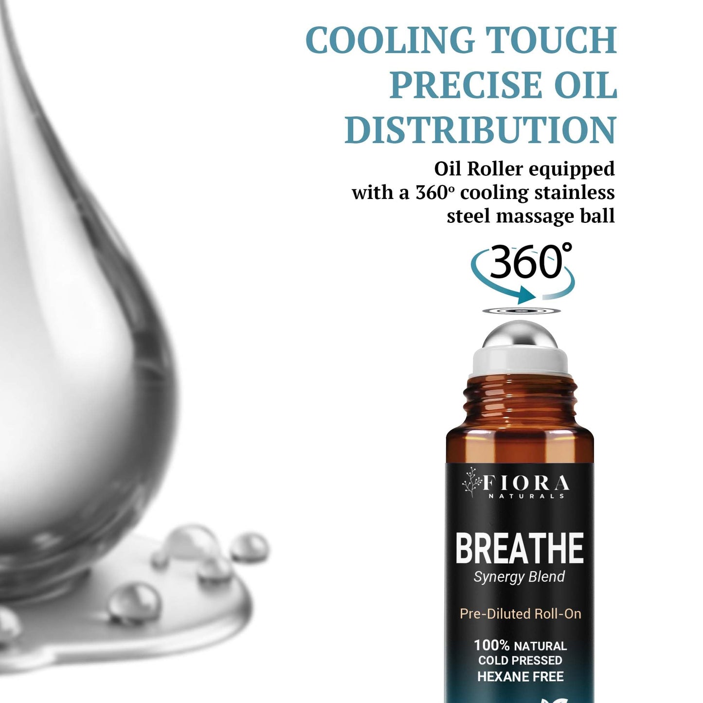 Fiora Naturals Breathe Essential Oil Roll-On Blend - 100% Pure Eucalyptus, Peppermint & Tea Tree Oil Aromatherapy Blend. Therapeutic-Grade