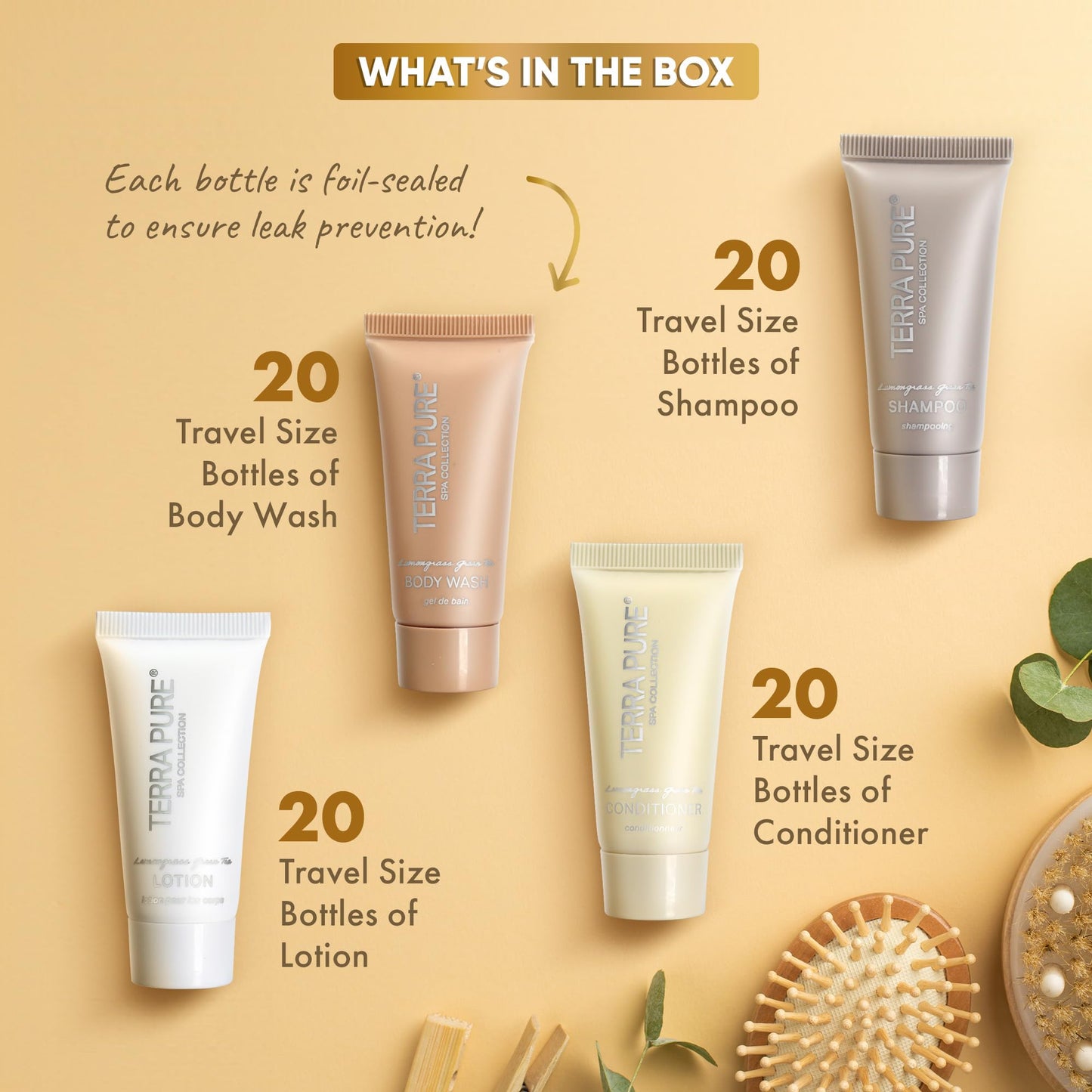 Terra Pure Spa Collection Bulk Set Toiletries | 1-Shoppe Amenities Kit for Hotels & Vacation Rentals | 0.85 oz Shampoo, Conditioner, Body Wash & Lotion | 80 Pieces