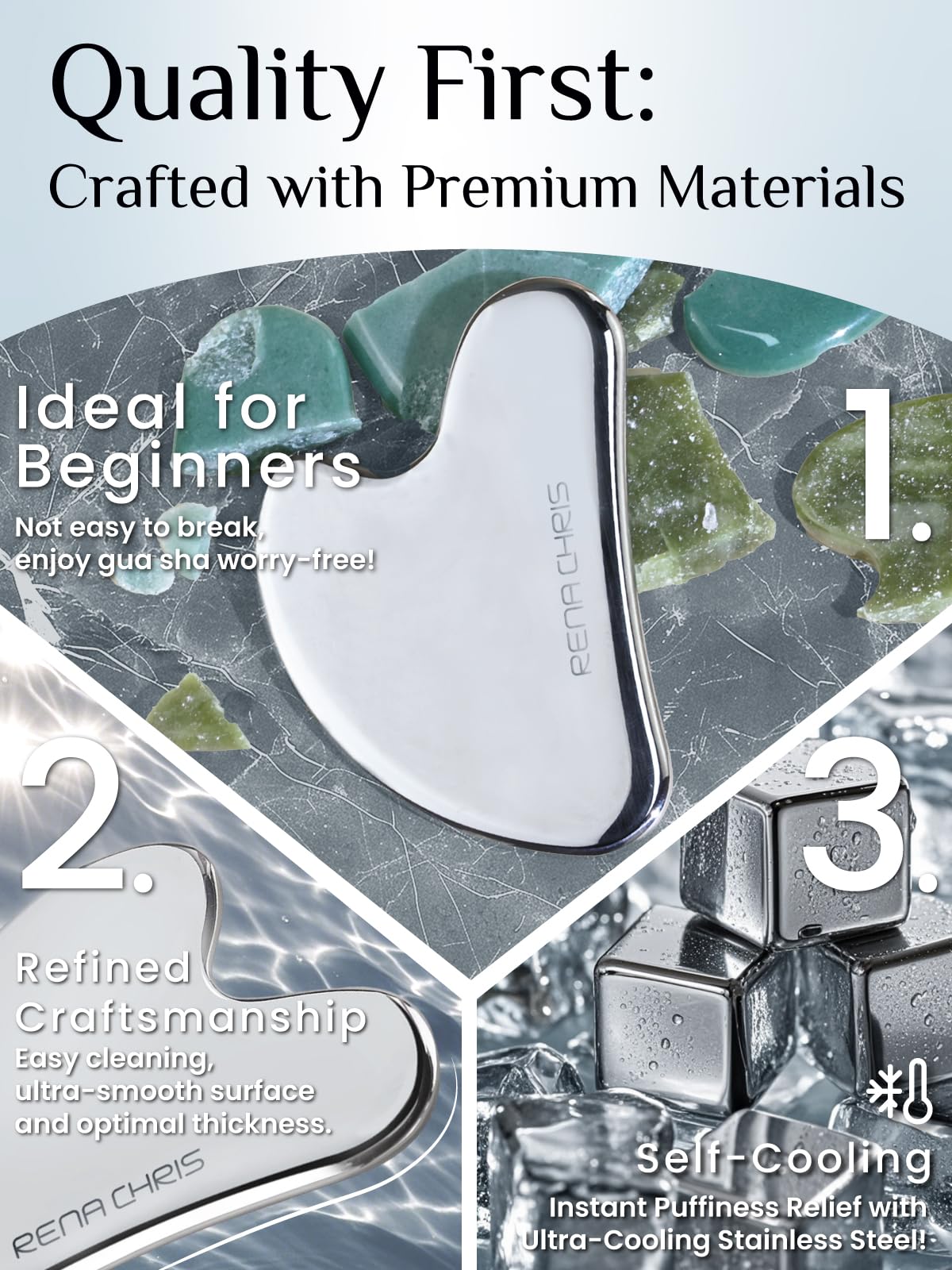 Rena Chris Gua Sha Facial Tools, Stainless Steel Guasha Tool for Acupuncture, Manual Massage Tool for Jawline Sculpting and Puffiness Reducing, Gua Sha Facial Massage Tool, Skin-Care Gift