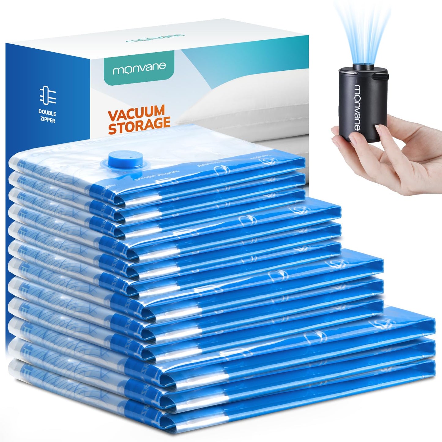 Vacuum Luggage Storage Bags with Cordless Electric Portable Pump, Double Zipper Sealed Space Saver Bag, Compression for Clothes, Bedding and Travel Essentials