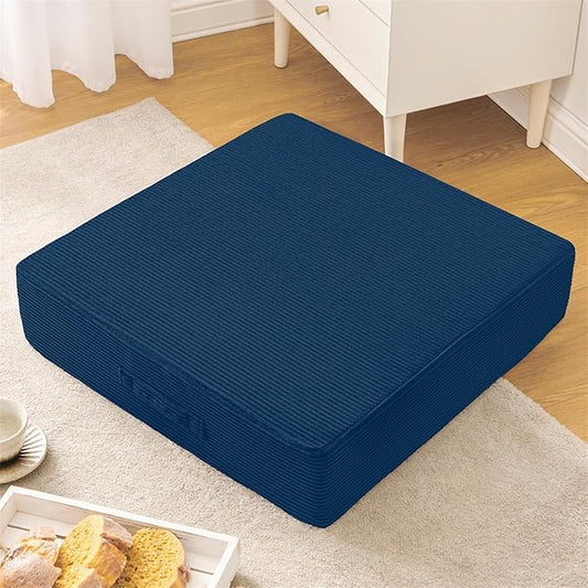 Wellsin Solid Square Floor Pillows for Adults Kids - Large Meditation Floor Pillow Seating Cushion with Thick Foam & Washable Velvet Cover, 1 Pack, 22x22x5 Inch, Dark Blue