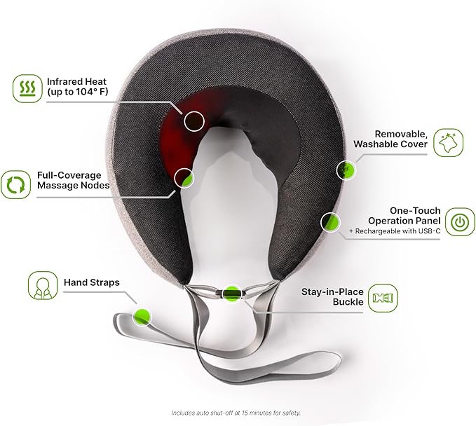GhostBed Massaging Neck Pillow, Shiatsu-Style Kneading Massager, Comfortable Heated Neck Massager with Cover, Wireless Portable Massage Pillow, Standard Size