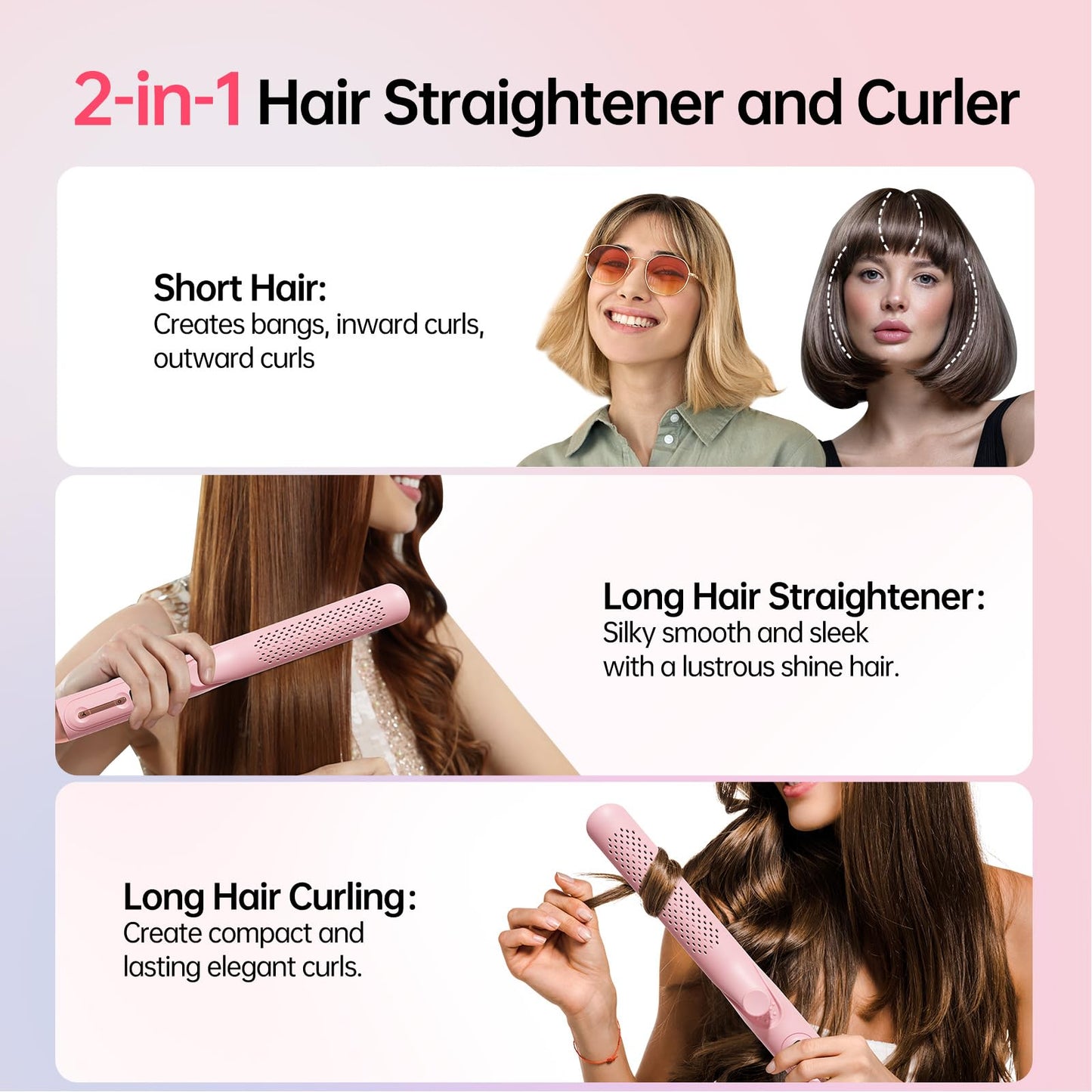 Hahahope Hair Straightener Curler 2-in-1: 1.25" Flat Iron for Women - Curling Wand 360° Airflow Cooling Vents Titanium Ionic for Less Frizz - 5 Temps & Auto Off Dual Voltage (Pink)