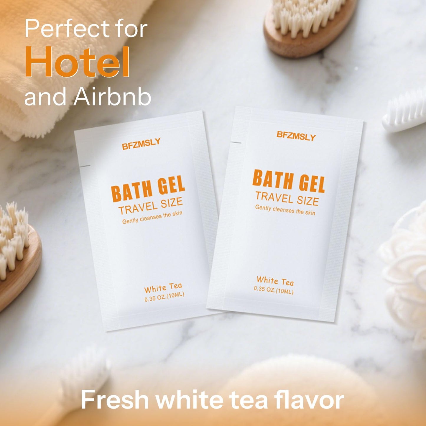 BFZMSLY 50 Pack Travel Size Body Wash Packets Bulk (0.35oz, White Tea Scent) – Mini Individual Pack TSA Approved Toiletries for Guest Body Wash for Hotels, Airbnb, Travel & Hospitality