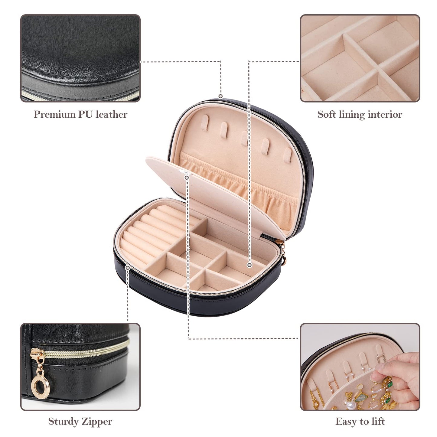 ProCase Travel Size Jewelry Box, Medium Portable Seashell-Shaped Jewelry Case, 2 Layer Jewelry Organizer in PU Leather for Women -Black
