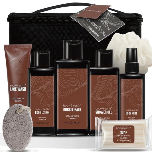 Bath and Body Gift Baskets for Men Body & Earth Sandalwood Mens Bath Set with Body Lotion, Face Wash, Shower Gel, Bubble Bath, Loofah & More, Gift Set for Men,regalos para hombre,Christmas Gifts
