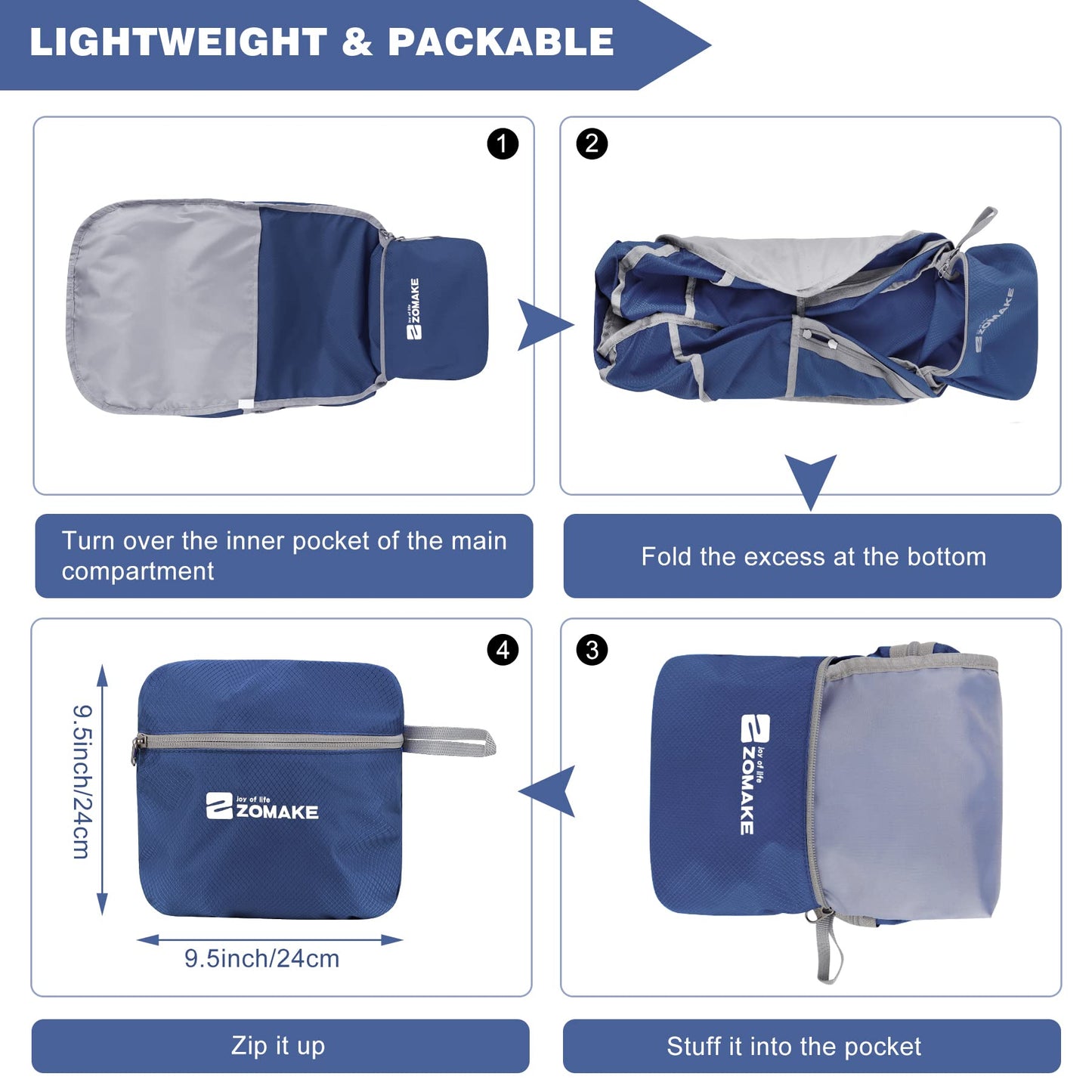 ZOMAKE Lightweight Packable Backpack 35L, Foldable Backpacks Water Resistant Collapsible Light Daypack for Hiking(Navy Blue)