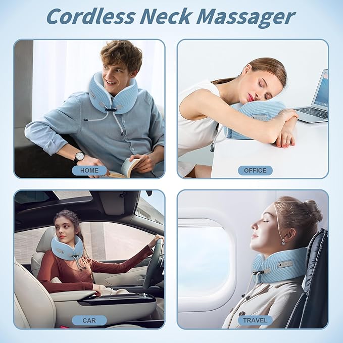 Electric Neck Massager,Portable Travel Pillow with Massage and Heat,Rechargeable Vibrating Neck Pillow Massager,Perfect for Pain Relief at Home, Office,Travel,Fathers Day Gift Ideas(Blue)