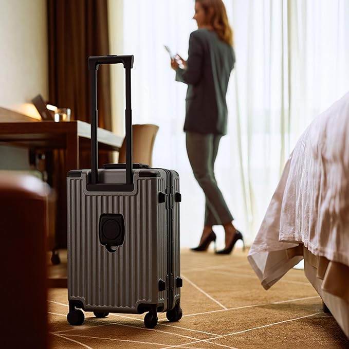 20 Inch Zipperless Carry On Luggage 22x14x9 Airline Approved With Spinner Wheels,Aluminium Frame Hard Shell Travel Suitcase with TSA Approved Cup Holder USB Port Holder for Women Men,Grey