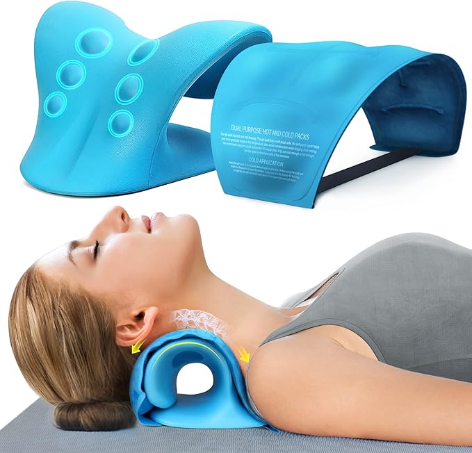 Neck Stretcher & Gel Pack for Pain Relief, Cervical Traction Device Pillow with Hot Cold Compress, Reusable Ice Pack Wrap for Neck, Shoulder, Knee, Back, Hand Injuries, Swelling, Bruises, Sprains