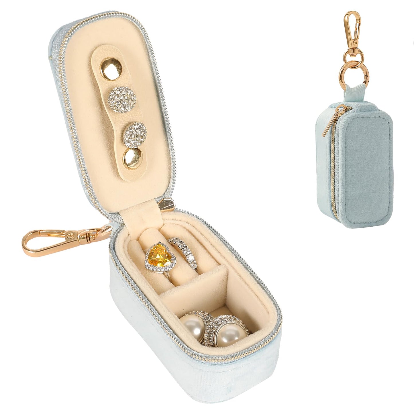 KEVANCHO Small Travel Jewelry Box Keychain, Portable Storage Ring Necklace Earrings Holder Case Organizer Gift for Women (Blue)