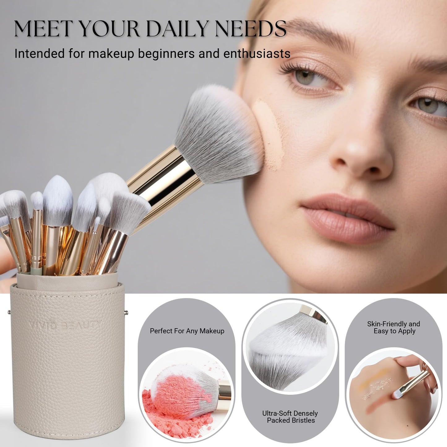 Vivid Beauty Makeup Brush Set, 18 Pcs Make up Brushes for Face and Eye with Travel Case – Natural Wood Handles – Unique Pointed Design, Makeup Brushes for Professional & Beginner Makeup Lovers (Gray)