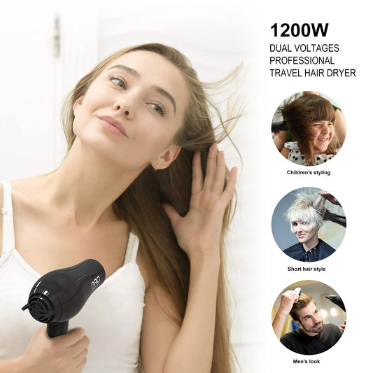 Dan Technology Compact Hair Dryer,Travel Hair Dryer,Portable Mini BlowDryer with Concentrator&Diffuser,HairDryer with European Plug