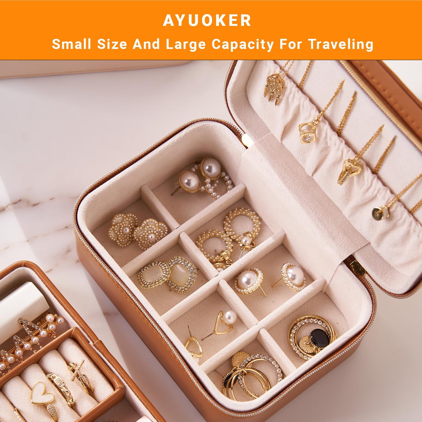 AYUOKER Brown Small Travel Jewelry Box,2 Layers PU Leather Travel Jewelry Box with Double Zippers, Portable Travel Jewelry Organizer for Necklace/Bracelet/Ring/Brooch