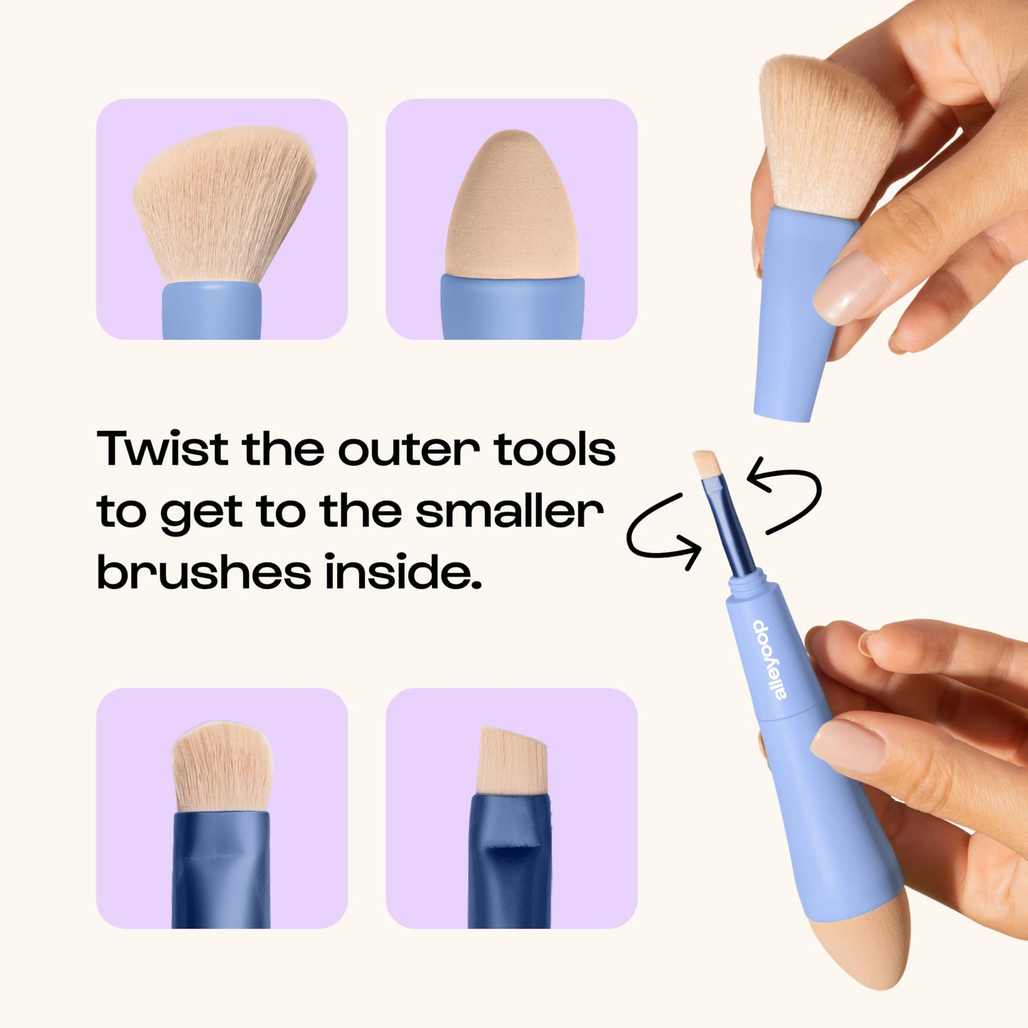 Alleyoop Multi-Tasker 4-in-1 Travel Makeup Brush Set – Compact Makeup Brushes with Blending Sponge, Eyeshadow, Eyebrow & Liner, Blush & Bronzer Brush – Mini Makeup Tools Kit for Women, Vegan