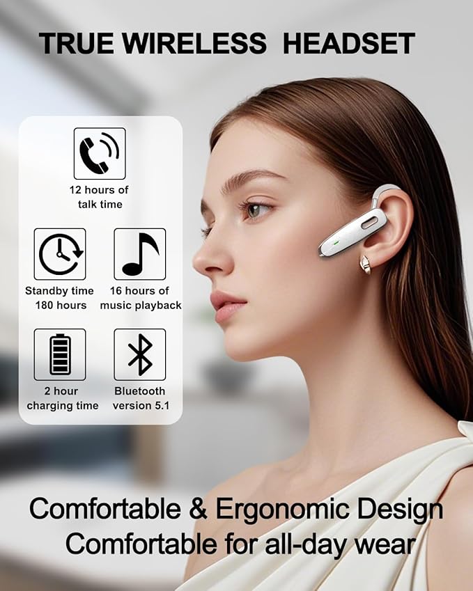 Bluetooth Headset, V5.1 Ultralight Wireless Handsfree Earpiece Cell Phone with Noise Cancellation Microphone for iOS Android Trucker Driver- White