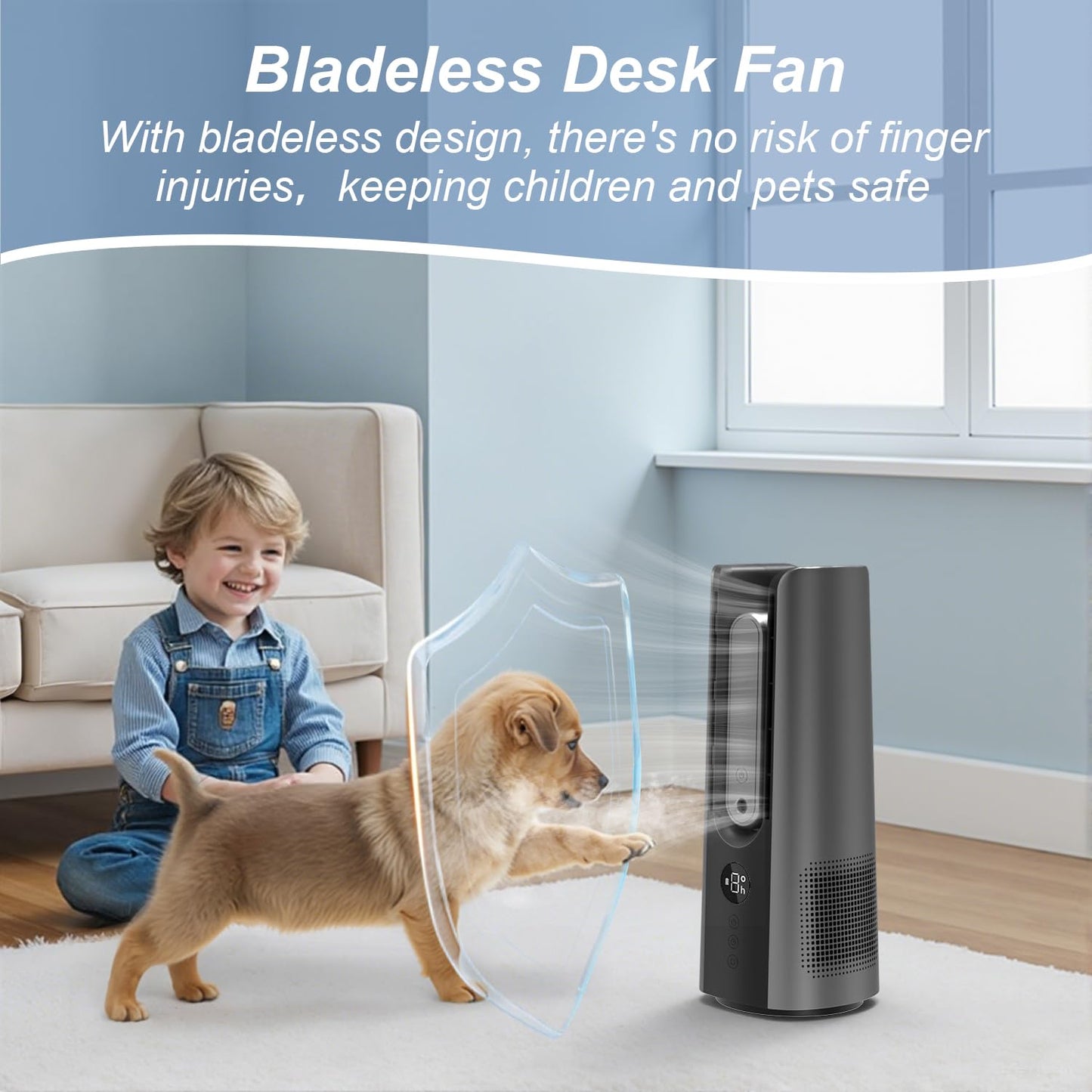 MEIIS Desk Fan, Small Quiet Table Fan with Humidifier, 14 Inch Portable Bladeless Fan with 9 Speed Adjustment, 2 Modes, 5000mAh Battery, 60° Oscillating Mini Fan for Bedroom Office Living Room Dorm