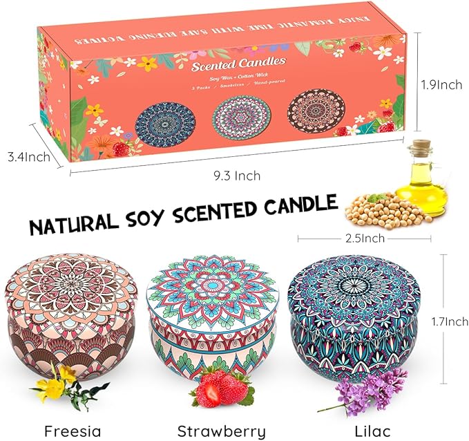 Set of 3 Scented Candles Gift Set for Women Home Decor, Decorative Small 2.5oz Natural Soy Wax Freesia, Lilac and Strawberry Aromatherapy Candles in Portable Travel Tin