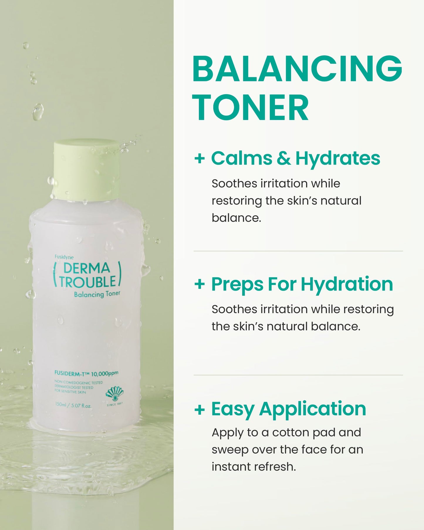 Fusidyne Derma Trouble 3-Step Acne Kit - Korean Skin Care Routine for Clogged Pores & Sensitive Skin, Gentle pH-Balanced Cleanser, Toner & Cream, Non-Irritating Formula. Anti-Sebum Complex, Fusiderm-T