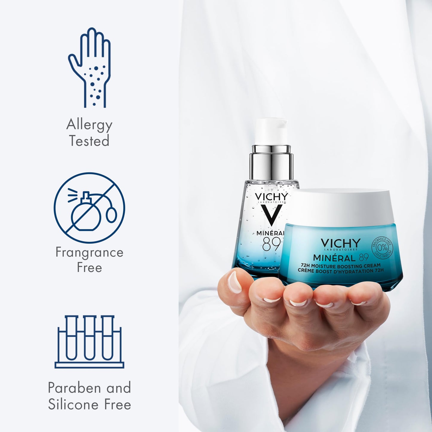 Vichy Fragrance Free Hydration Power Duo, Skin Care Set with Mineral 89 Booster Serum & Mineral 89 Fragrance Free Cream, Moisutrizing Face Cream & Hyaluronic Acid Serum