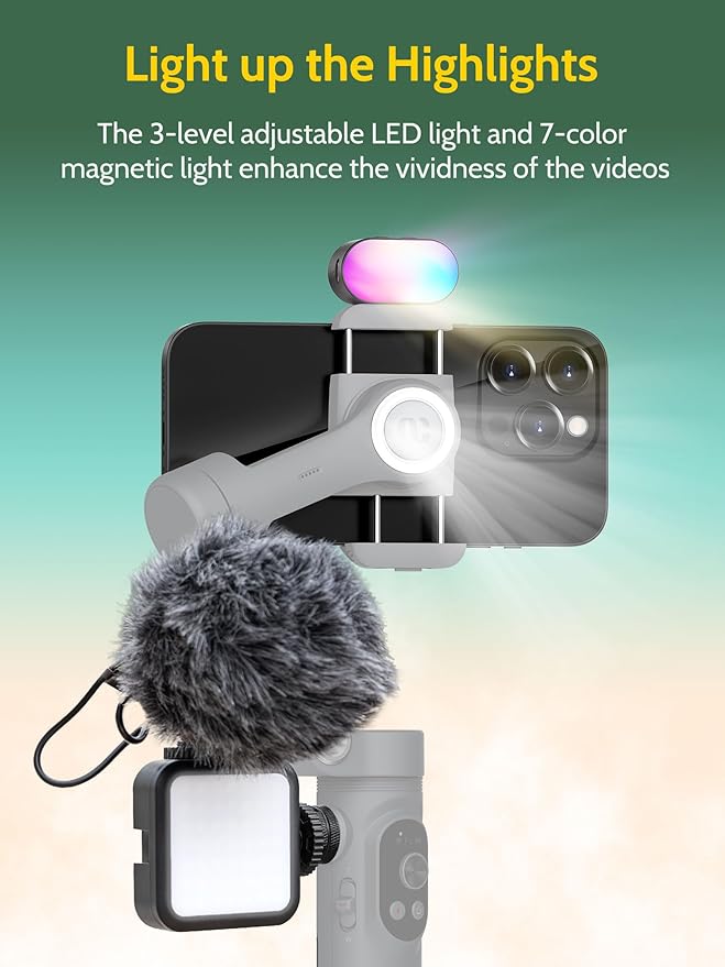 3-axis Gimbal Stabilizer for Smartphone w/ 1/4 Thread Foldable Phone Stabilizer for Recording, Built-in Fill Light, Smartphone Gimbal w/RGB Light for iPhone 15/14 Vlogging(Smart X Kit Grey)