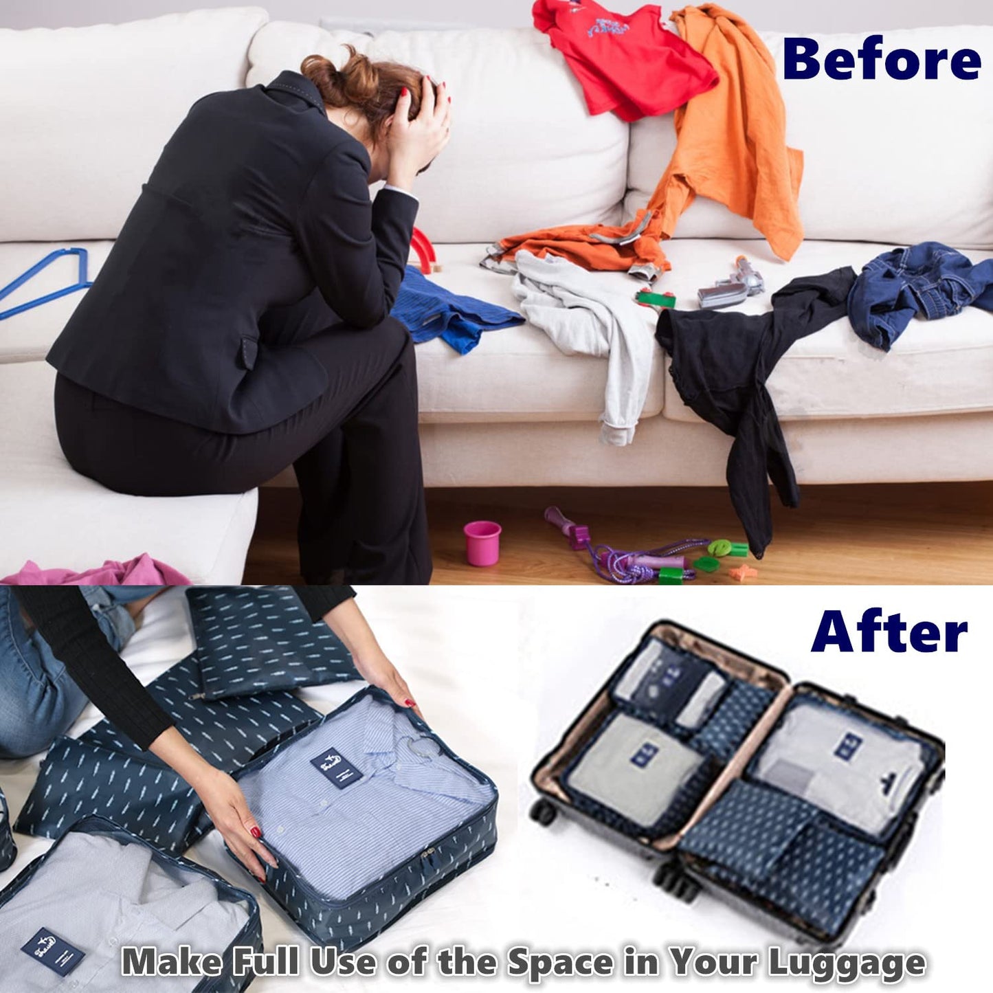 GUIFIER 6 PCS Travel Suitcase Organizer Bags, Travel Organizer Packing Cubes Set Laundry Bags, Travel Clothes Storage Bag, Packing Organizer Compression Pouches for Traveller(Navy Blue Feather)