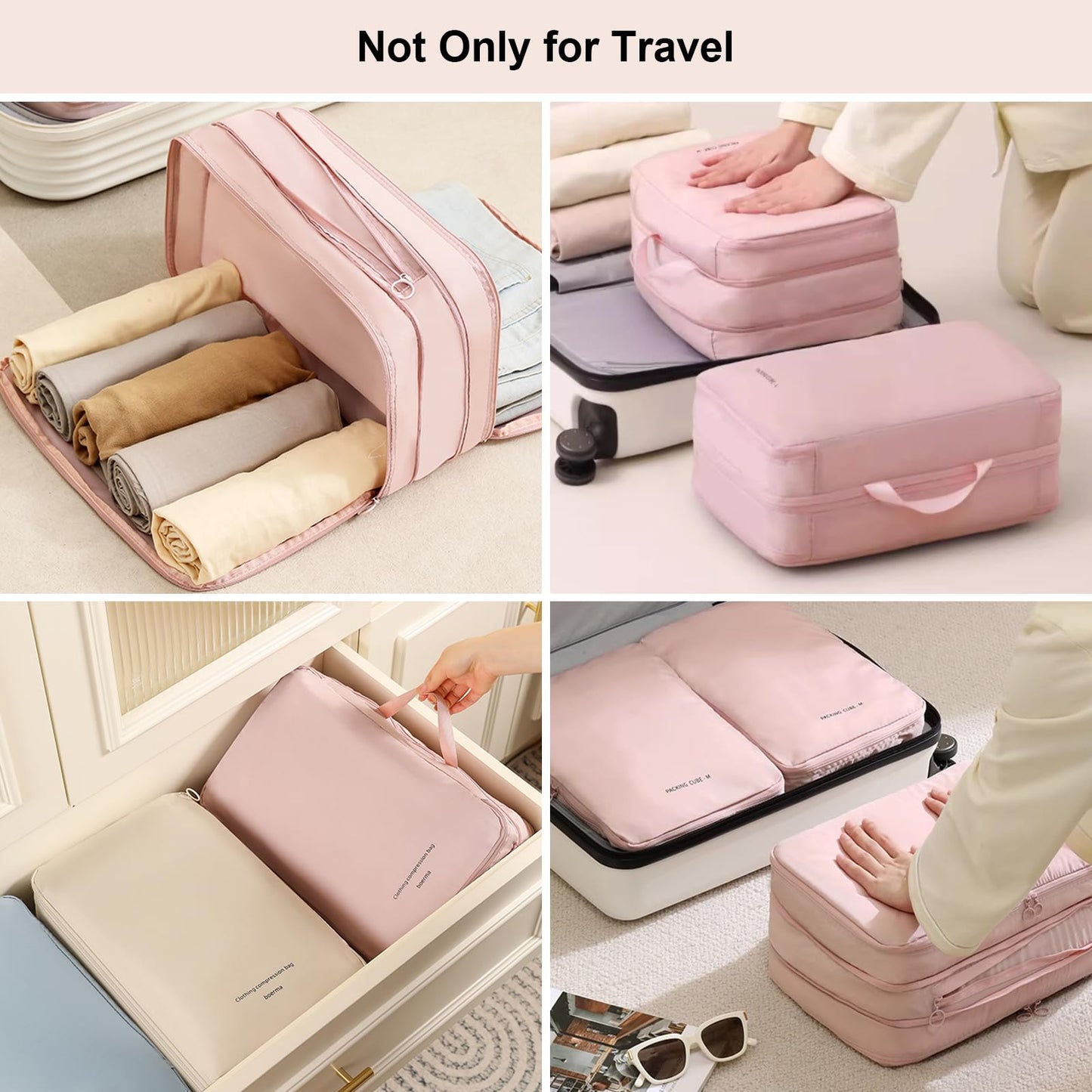 Double-Layered Compression Packing Cubes for Travel, Luggage Organizer Bags Compressible for Suitcase Packing Bag Travel Accessories, Pink, M