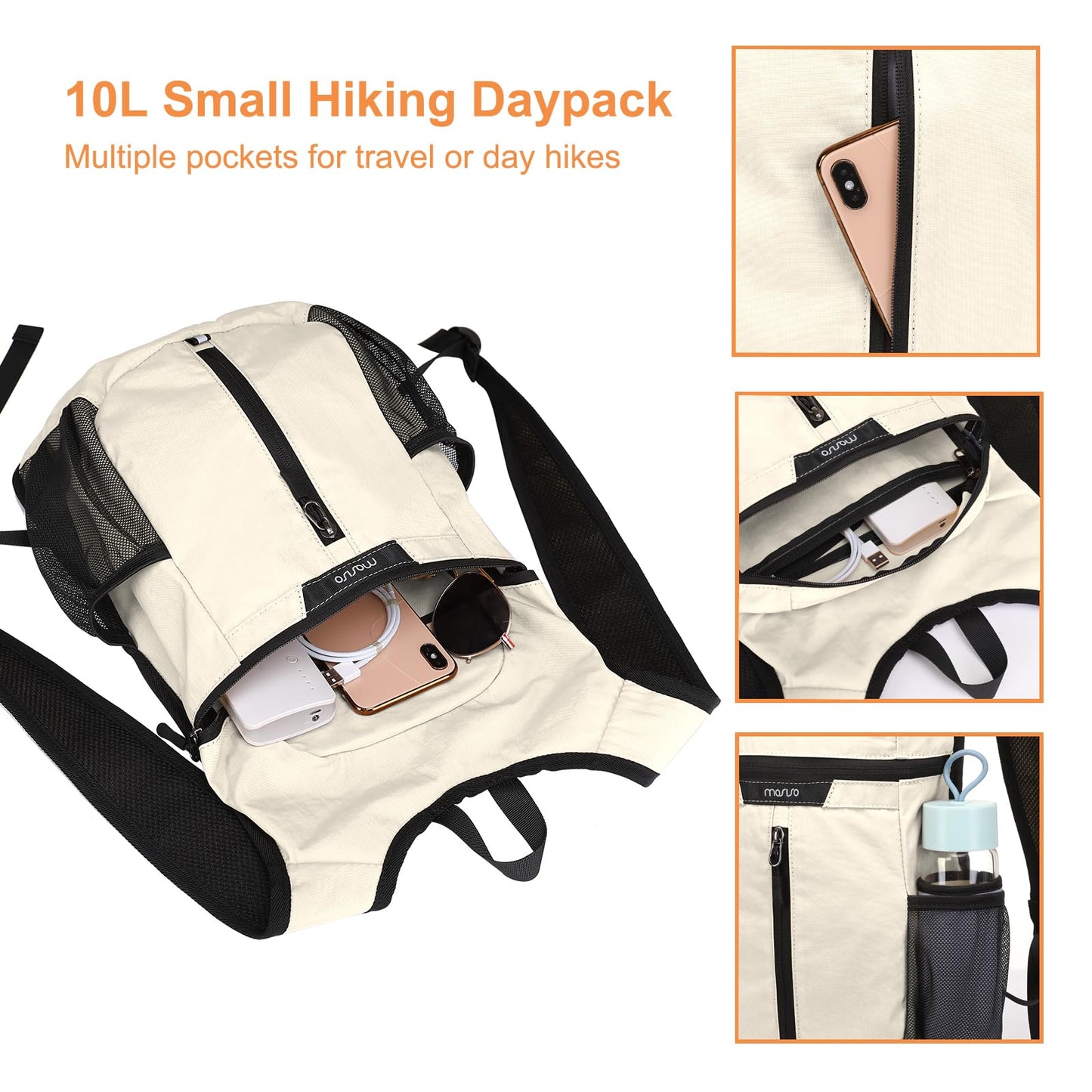 MOSISO 10L Lightweight Hiking Daypack Small Packable Travel Hiking Backpack, Foldable Shoulder Bag with Front Vertical Pocket, khaki