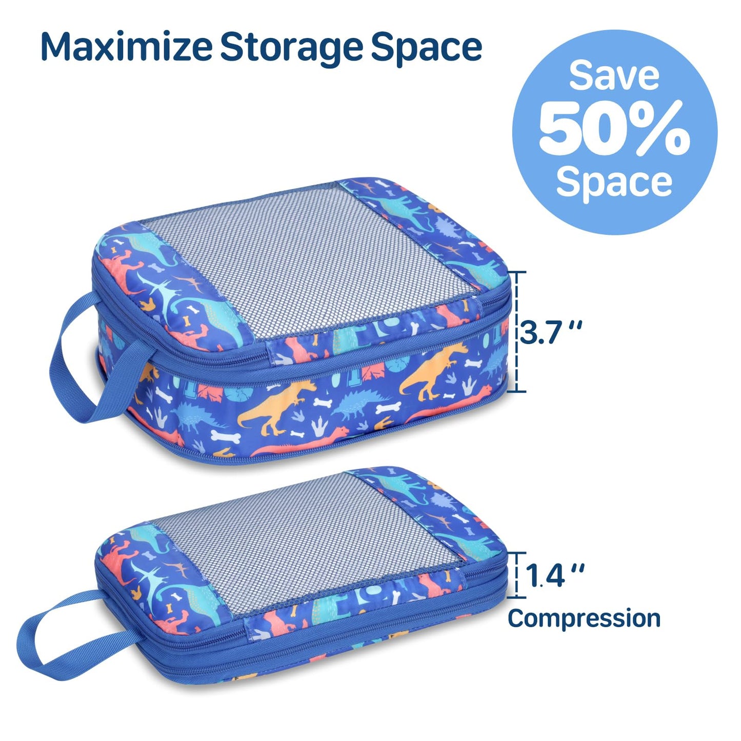 BrainyBees Kids Packing Cubes Compression - 4 Set Suitcase Organizers Bags for Travel and Backpack Luggage Organizer Set with Shoe Bag for Boys (Blue Dinosaur)