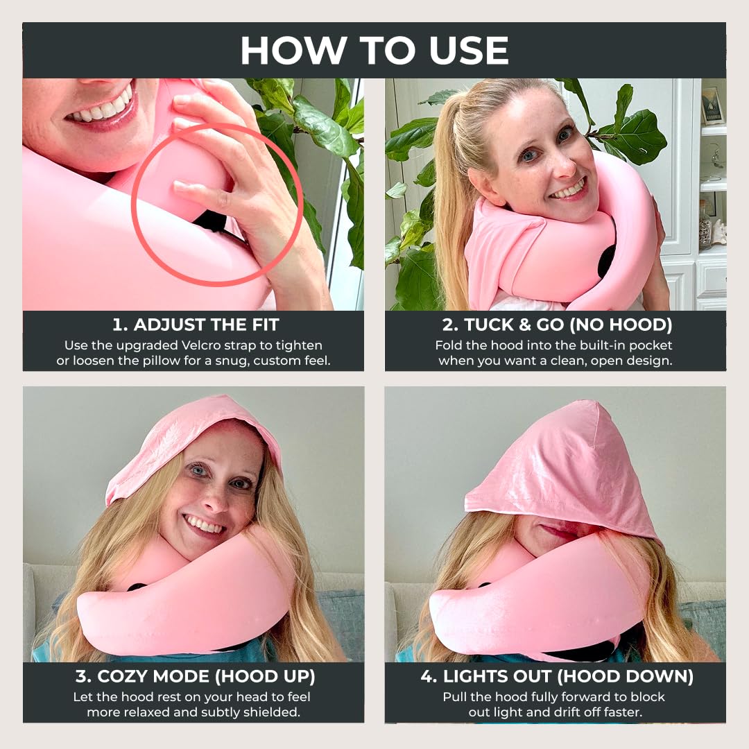 FlyHugz® 2.0 Hooded Travel Pillow – 2025 Original Release – Memory Foam Neck Pillow with Adjustable Hood & Premium Elastic Washable Cover – First Class Comfort for Flights, Road Trips & Sleep- Pink