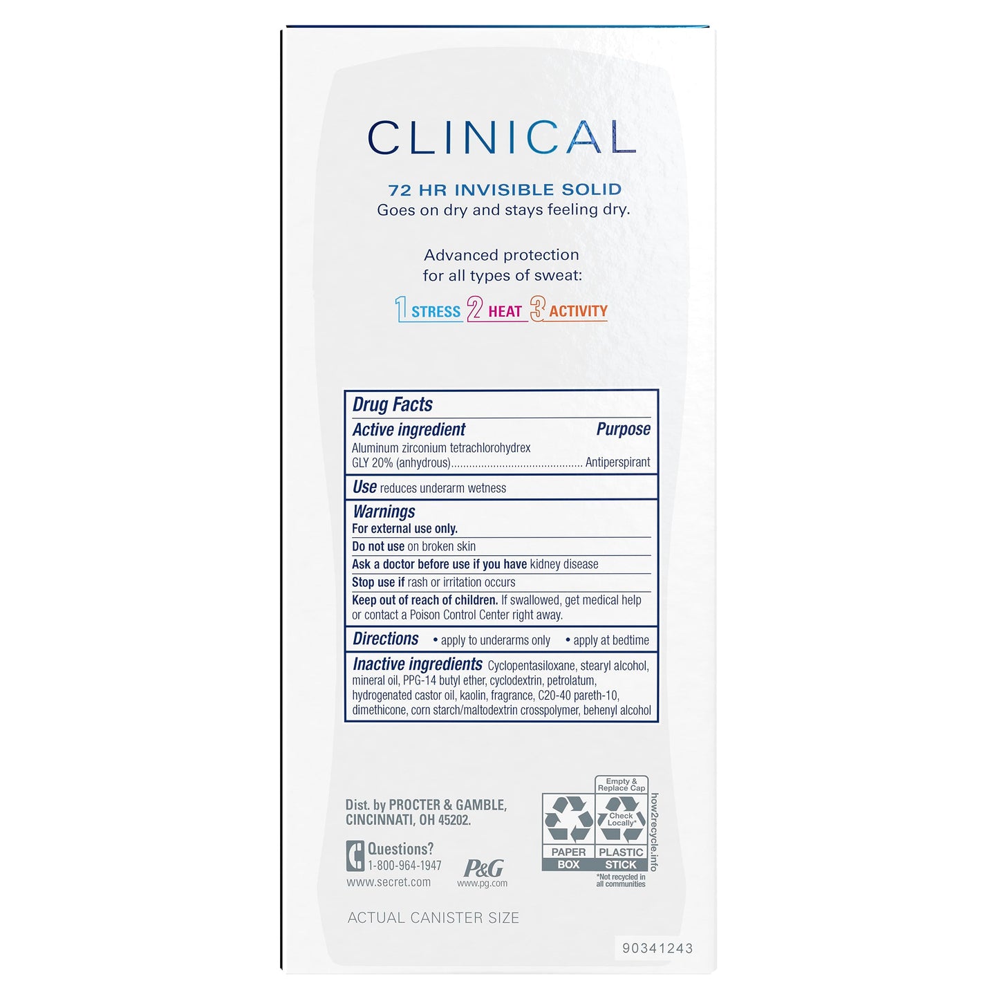 Secret Clinical Strength Antiperspirant Deodorant for Women, Stress Response, 3X Stress Protection, 72hr Sweat & Odor Protection, PH Balancing Minerals, Invisible Solid, 2.6 oz