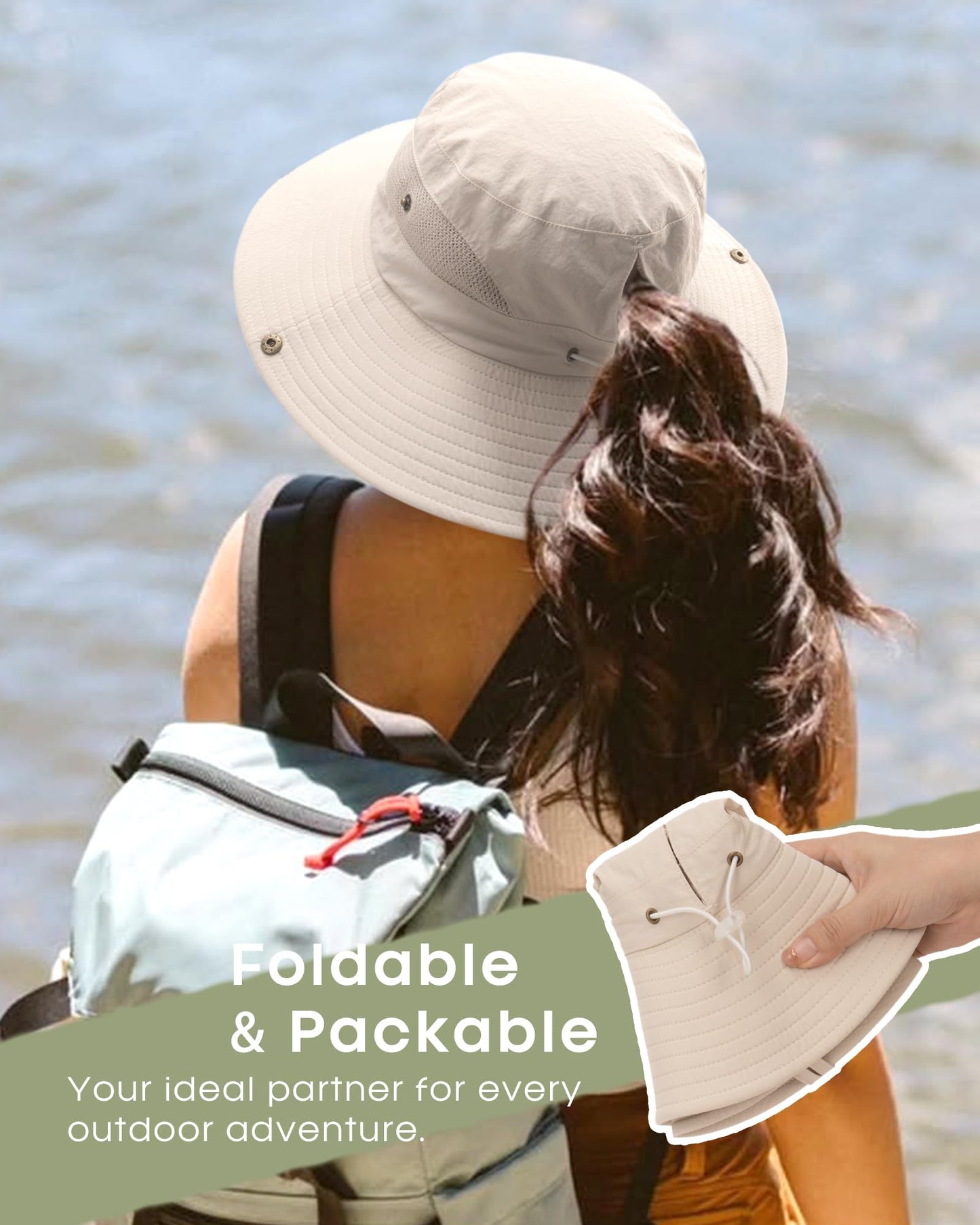 FURTALK Womens Sun Hat Beach Summer Wide Brim UPF 50+ Outdoor Protection Foldable Lightweight Ponytail Bucket Hat Beige, One Size