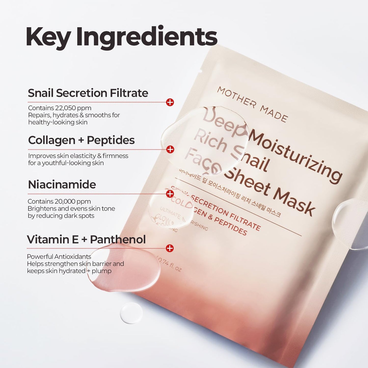 MOTHER MADE Deep Moisturizing Rich Snail Collagen Face Sheet Mask Pack of 5, with Snail Mucin, Low Molecular Collagens, Peptides, Niacinamide 2%, Korean Skin Care