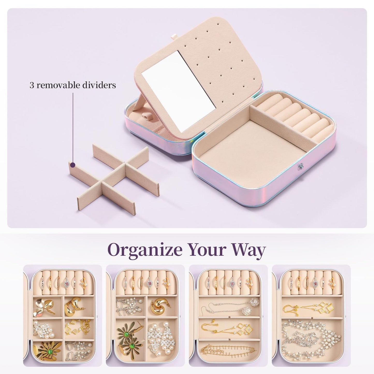 LAMU Travel Jewelry Box,Portable Jewelry Organizers and Stroage, Iridescent Rainbow Small Jewelry Case for Earrings Rings Necklaces,Travel Essentials for Women Girls Bridesmaid Gifts (Silver)