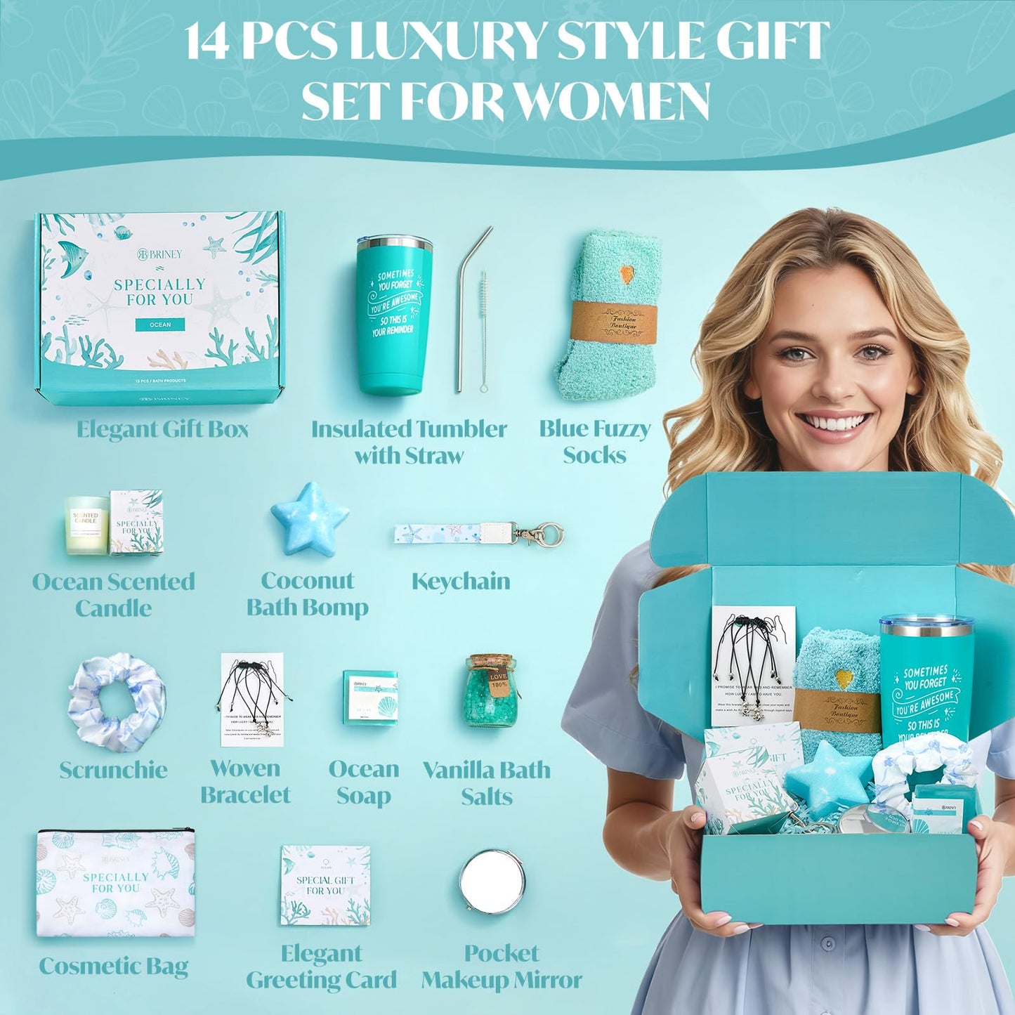 Briney 13Pcs Birthday Gifts for Women, Care Package for Women, Gift Basket, Unique Relaxing Ocean Themed Present for Mom Wife Sister Best Friend, Blue