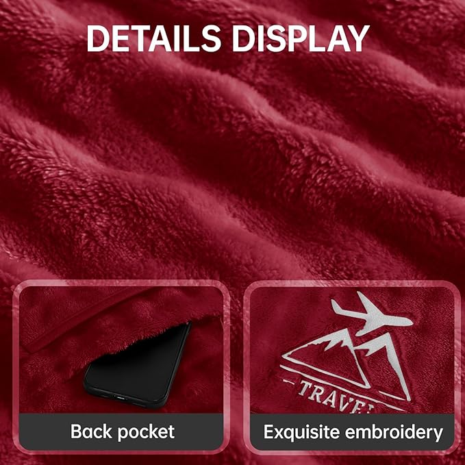 Travel Blanket and Pillow-2-in-1, Ultra-Soft&Compact, One-Piece Airplane Blanket with Hand Luggage Belt and Backpack Clip,Travelers Accessories Gifts, 61x43 Inches(Burgundy)