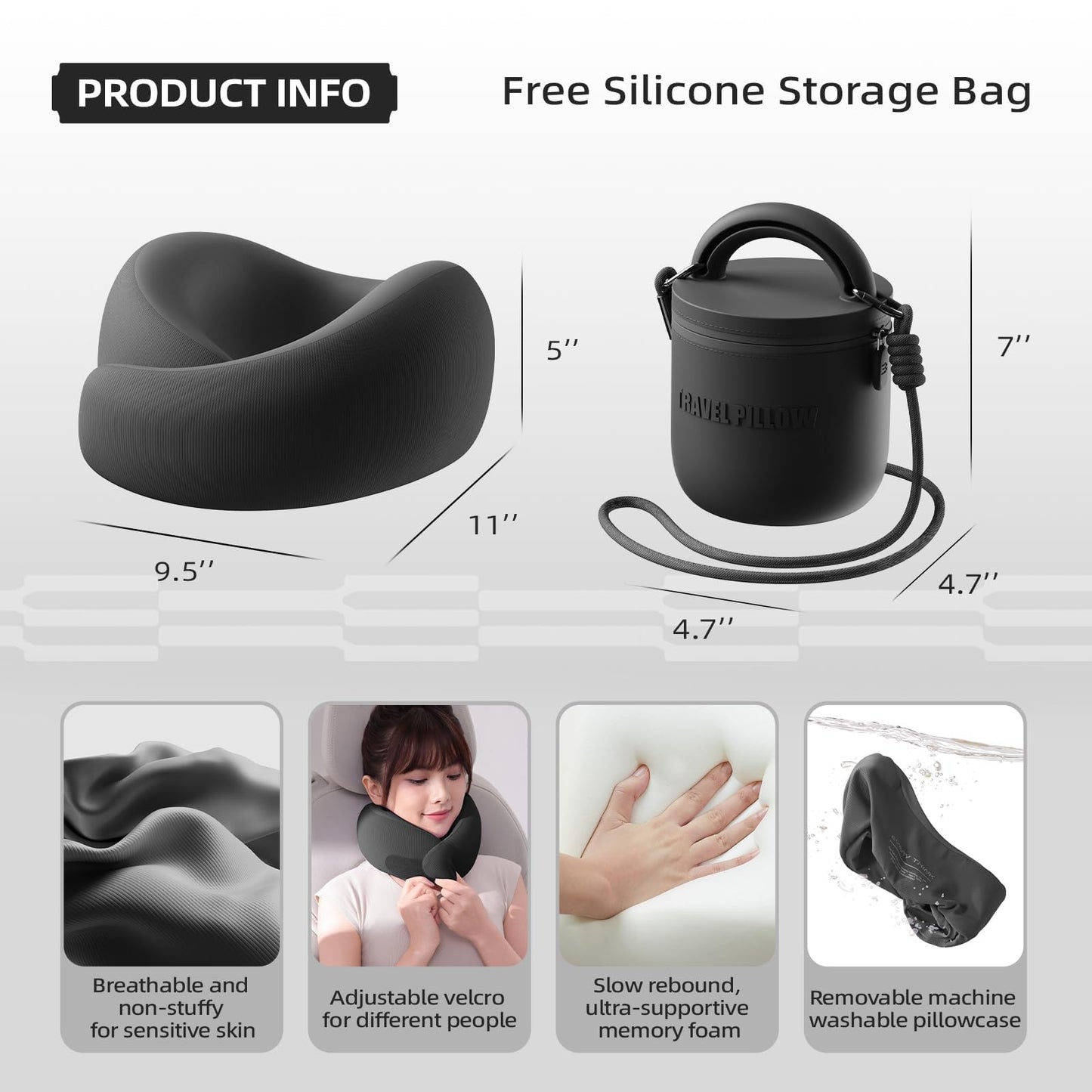 EVERY THINK Travel Pillow - Memory Foam Neck Pillow Airplane, Neck Travel Airplane Pillow for Long Flight, Portable Travel Essentials, 360º Ergonomic Support, Machine Washable (Black)