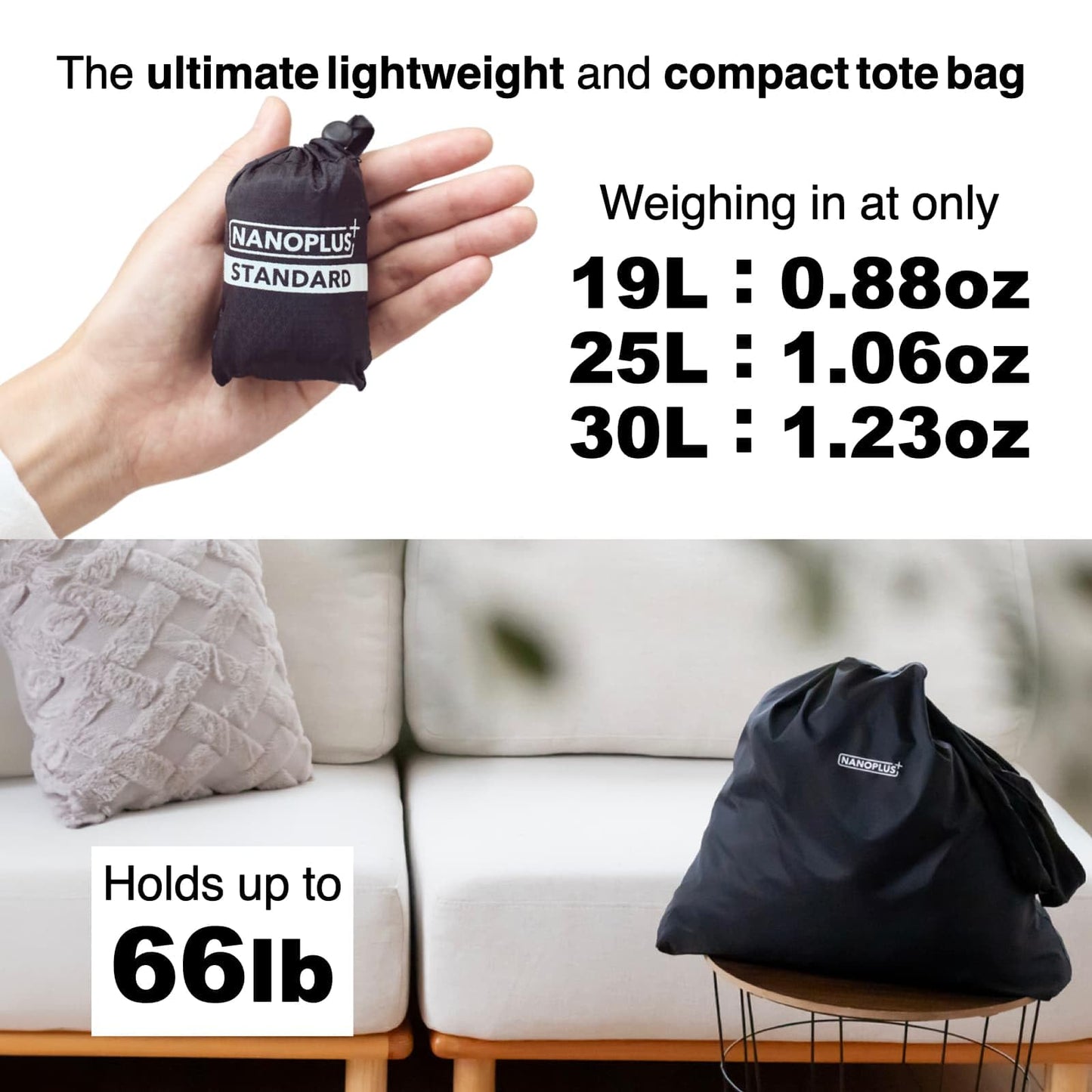 NANOPLUS Compact Reusable Grocery 30L Tote Bag – Lightweight, Foldable & Packable Shopping Bag for Travel, Daily Errands, and Outdoor Use – Collapsible, Washable (Black)