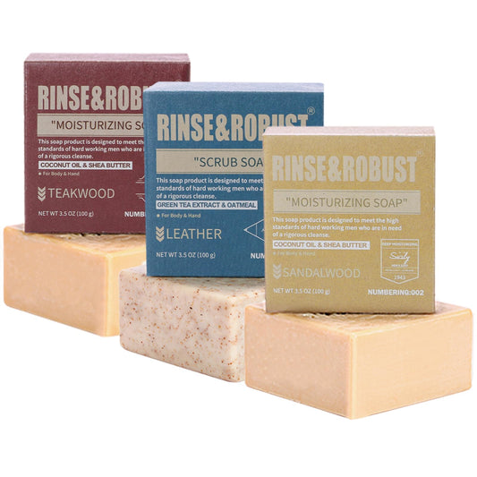 Rinse & Robust Mens Bar Soap Bath Bar Soap 3Pack Handmade Natural Soap Bar Set Cleansing Bar Moisturizing&Exfoliating Scrub Soap Gift Set for Men | Leather, Sandalwood, Teakwood | 3.5 oz of 3 Bars