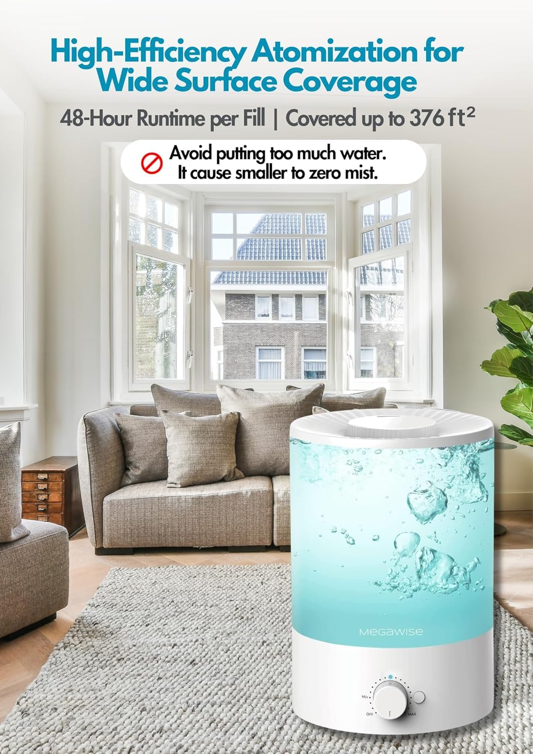 MegaWise Ultrasonic Cool Mist Humidifier | Quiet Operation, Top Fill, Auto Shut-Off | Ideal for Bedroom, Baby Room, and Plants (3.5 L)